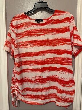 N Touch Women's Red Striped Short Sleeve Blouse with Side Drawstring